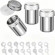 3pcs Stainless Steel Powder Shakers with Fine-Mesh Lid, Sugar Spice Seasoning Shaker Dispenser for Kitchen Cooking Baking Home Restaurant, with 16pcs Coffee Decorating Stencils