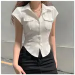 韓版簡約白色POLO領短袖T恤女設計感鈕扣緊身短版上衣