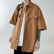 Elbow-Sleeve Plain Contrast Stitching Pocket Detail Shirt C158 - Coffee - L