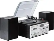 [Lenoxx] All-in-One Home Entertainment Music System with Wireless Technology 5.0-3 Speed Turntable, Cassette Tape & CD Player - Aux-in FM/AM Radio - Music System for Home & Remote Control - Black