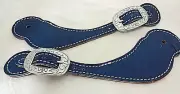 Pair Denim Blue Ostrich Leather Spur Straps Cowpuncher Jeremiah Watt Buckles New