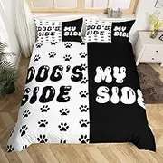 Cute Dog Paws Print Duvet Cover Set Queen Size,Dog Side My Side Bedding Set,Boys Girls Room Decor,Kawaii Puppy Animal Pet Rustic Comforter Cover,Black White Quilt Cover,2 Pillowcases(No Comforter)