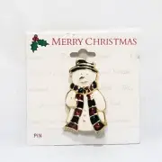 Snowman with long Scarf Winter Brooch Pin White Red Green Gold 1.5" Kmart