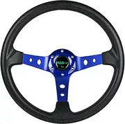 RASTP Universal Racing Steering Wheel,Drifting Deep Dish Steering Wheel 13.8”/350mm 6 Bolts Grip Vinyl Leather & Aluminum with Horn Button for Car -Blue