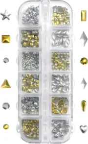Crystal Rhinestones, 12 Grids Gold & Silver Flatback Rhinestones for Nail Dec...