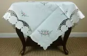 Square Embroidered Tablecloth Polyester Handmade Pink Rosebud 42x42" Fabric