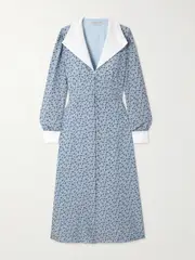[Alessandra Rich] Alessandra Rich - Mikado-trimmed Floral-print Silk-crepe De Chine Midi Shirt Dress - Light blue - IT44 IT 44 Blue