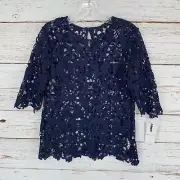 Goodnight Macaroon Lace Top Blouse Womens Sz Small Navy Blue Layering NEW