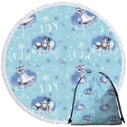 Snowflakes Winter Owl Penguin Pattern Round Beach Towel
