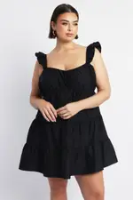Black Flutter Sleeve Cotton Blend Minidress