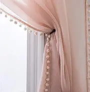 MISS SELECTEX Linen Look Pom Pom Tasseled Sheer Curtains - Rod Pocket Voile Semi-Sheer Curtains for Living and Bedroom, Set of 2 Curtain Panels (52 x 84 inch, Blush)