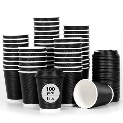 12oz Insulated Black Disposable Coffee Cups with Lids- 100 Pack, To Go Coffee...