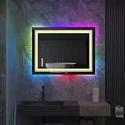 LUVODI Illuminated LED Bathroom Mirror: 700x900mm Dimmable Rectangular Wall Vanity Mirror with 8 RGB Backlit 3 Front Light Color Smart Anti-Fog Touch Switch, Memory Function, IP65 Waterproof