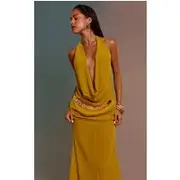 Mustard Plunge Front Open Back Beach Dress, Mustard