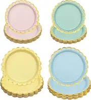 Xiangqu 60 Pcs Pastel Paper Plates, 7 Inch 9 Inch Scalloped Pastel Plates with Gold Foil Disposable Pastel Dessert Plates Macaron Color Party Plates for Birthday, Girl Happy Bachelorette Party