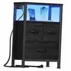 Black Nightstand with Wood Shelf, Bed Side Table with Led Light and Charging