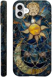 TnXee Case Compatible with iPhone 16 Plus,Fall Prevention Hybrid 2-Layer Hard Shell Phone Cover for Girls Boys,Sun Moon Celestial Glass