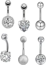 [ZAMXHUG] 6 pieces 14G belly button piercing, titanium heart banana bells, piercing, long short gemstone balls, belly button piercing, navel bars, silver, 1.6 mm, navel ring, woman, gift jewellery,