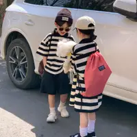 在飛比找蝦皮購物優惠-童兄妹裝韓系兒童套裝2024夏款男童韓版polo衫條紋短袖上