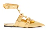 Valentino Rockstud Gold Pyramid Stud Pointed Ankle Strap Ballerina Flat 37