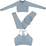[VALICLUD] 1set Seamless Long Sleeve Yoga for Women High Waist Leggings and Breathable Quick-dry Activewear for Autumn and Winter Fitness Blue