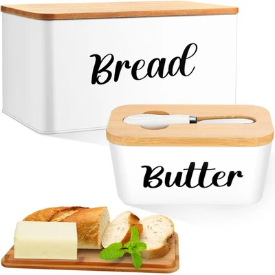 2 Pcs Metal Bread Box and Butter Dish with Bamboo Cutting Board Lid, Large Br...