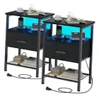 Night Stand Set End Table with Charging Station, LED Bedside Table with 2 Black