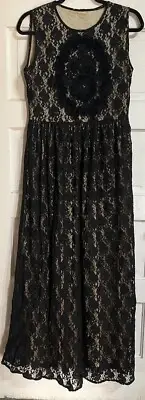 Barok Paris Anthropologie Black Lace Beaded Dress Size M/L Gold Underlay Party