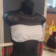 Blue Sky NEW Blue White Stripe Bandeau Side Boning Swim Top LIned TieBack MEDIUM