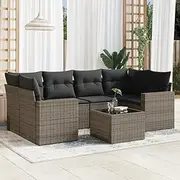 7 Piece Garden Sofa Set with Cushions Grey Poly Rattan, Modular Patio Furniture,Outdoor Wicker Conversation Set,Durable with Tempered Glass Tabletop and Washable Cushion Covers, Suitable for Balcony