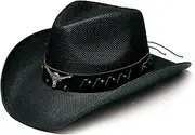 [YOUBADU] Western Straw Cowboy and Cowgirl Hats with Decorative Bands - Unisex Wide Brim Raffia Style Sun Hat, Black With Ox Head Brim, One Size-Medium
