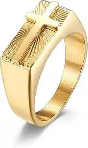 RIUKIU 8Mm Holy Light Cross Stamp Ring, Fashionable Stainless Steel Men's and Women's Rings,Gold,12