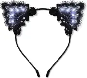 Black Lace Light up Kitty Cat Ears Headband with White Leds