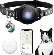 Cat Tracker Collar - Tracking Pet Collar with Finder Tag Waterproof, No Monthly Fee, Compatible with Apple Find My (iOS Only), Breakaway GPS Tractive Cat Collar with Reflective Pattern & Bell, Black