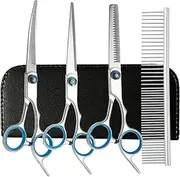 Dog Grooming Scissors Set with Safety Round Tip, 3pcs Dog Grooming Scissor and 1 Dog Grooming Comb, Pet Grooming Scissor for Dogs, Cats and Other Animals(COLOR:Blue+silver)