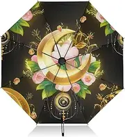 [RPLIFE] Compact Umbrella, Umbrella for Rain and Wind, Automatic Open/close, Compact Size for Women Backpacks/Handbags, Golden Crescent Moons