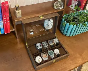 黑胡桃木手表盒收納盒復古防塵玻璃蓋手表腕表首飾盒手鏈手表盒子