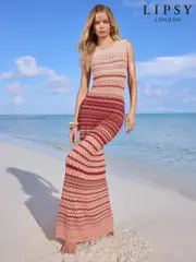 Lipsy Peach Pink Summer Crochet Knit Metallic Sparkle Chevron Stripe Maxi Dress (F40232) | $143