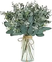 Eucalyptus Stems in Glass Vase，13.7 inch Artificial Eucalyptus Leaves Stems Artificial Fake Flowers for Home Office DIY Flowers Bouquet Centerpiece Wedding Decoration