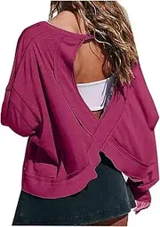 [KEGIRLOM] Womens Open Back Workout Tshirts Casual Solid Backless Sweatshirt Trendy Round Neck Pullover Top Loose Crop Gym Tee