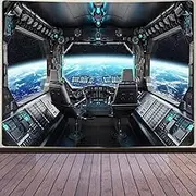 Aidatain Outer Space Tapestry Space Station Themed Tapestry Spaceship Interior with Window View Backdrop Large Flannel 80" 60" Poster Blanket for Living Room Bedroom Dorm GTZYAT043