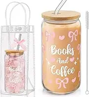 Book Lovers Gifts for Women Cute Bow Glass Cups with Lids and Straws for Bookish Reader Book Club Gifts Pink Bow Iced Coffee Cup Tumbler Clear Handle Bag Included,16oz