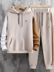 Look Time Life Men Colorblock Kangaroo Pocket Drawstring Hoodie & Sweatpants