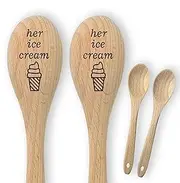 Hers and Hers Gift Idea | Set of 2 Wooden Engraved Mini Ice Cream Spoons with Cotton Drawstring Gift Bag | She She Wooden 5th Anniversary/Wedding/Valentines/Christmas for Her Her Couple