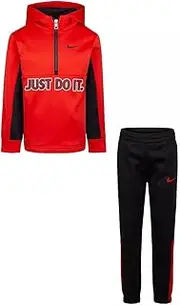 [Nike] Boy`s Therma Hoodie & Jogger Pants 2 Piece Set (Black(66H202-R1N)/University Red, 4)