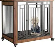 Solid wood dog crate, medium/large dog crate with universal wheels, modern furniture dog crate with removable tray for easy cleaning, suitable for small and medium dogs(Walnut,S)