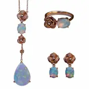 Natural Australia solid opal diamond pendant necklace earring ring 18K Rose Gold