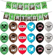 Devenirriche Minecraft 18PCS 12 inch Latex Balloons & 1PCS Happy Birthday Banner, Green, Minecraft Theme, Birthday Occasion