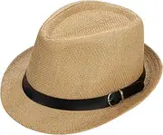 [haozaikeji] Men Panama Hat Fedora Trilby Hat Summer Straw Sun Hat Short Brim Beach Hat Roll-up Jazz Cap with Adjustable Belt Classic Gangster Hat UPF 50 Sun Hat Foldable Packable Straw Hat for Traveling