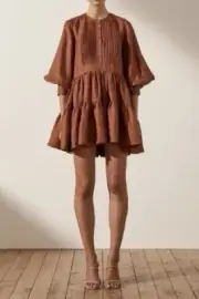 Shona Joy Elsa Linen Blend Mini Tuxedo Shirt Dress Size 10 S Gingerbread Pockets